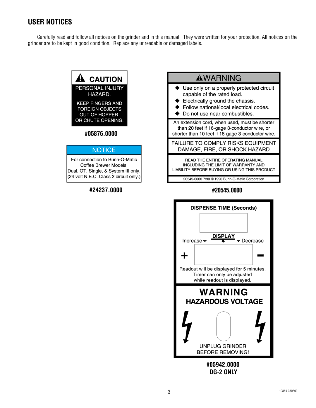 Bunn WDG-2 manual User Notices, #05876.0000, #20545.0000 