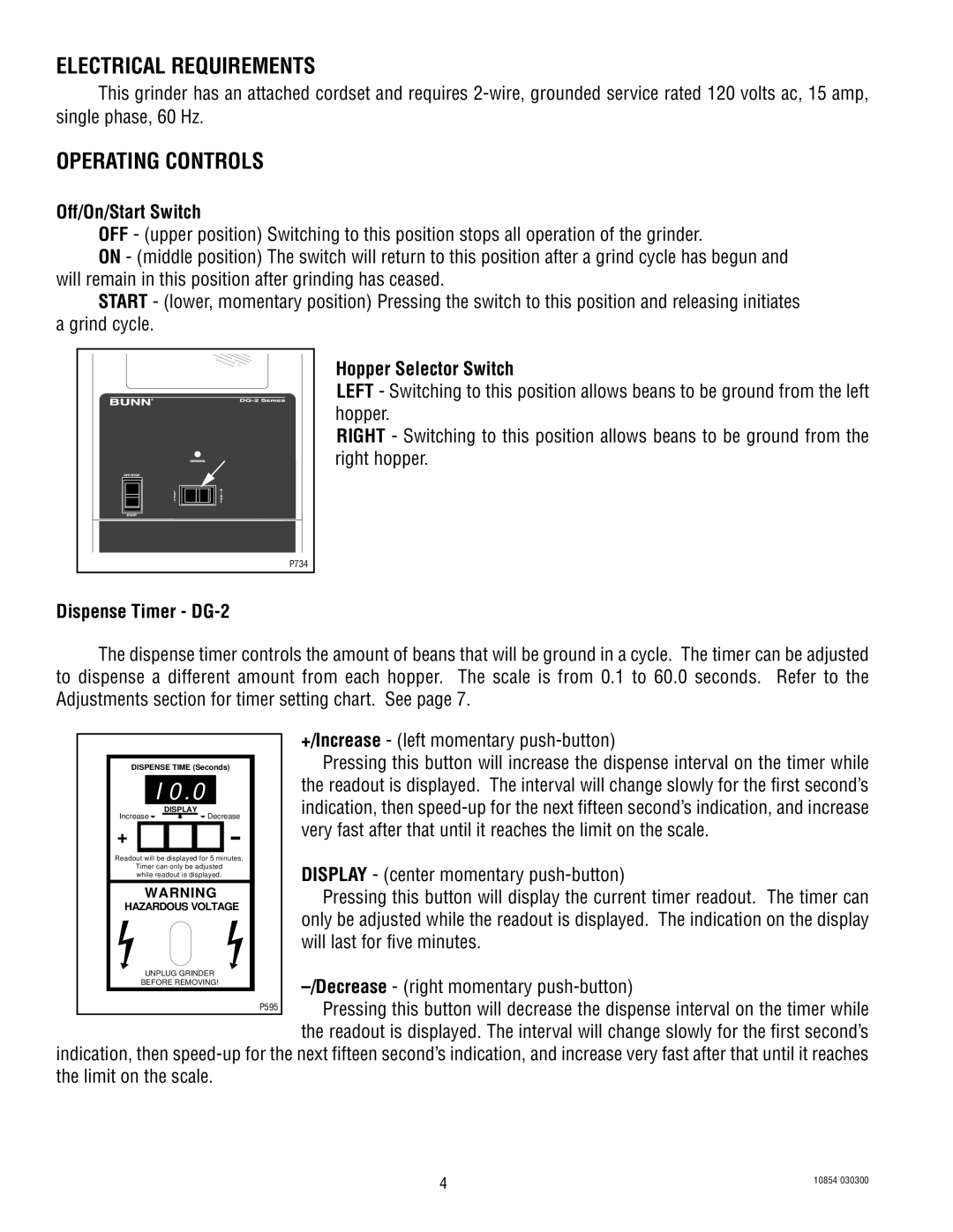 Bunn WDG-2 Electrical Requirements, Operating Controls, Off/On/Start Switch, Hopper Selector Switch, Dispense Timer DG-2 