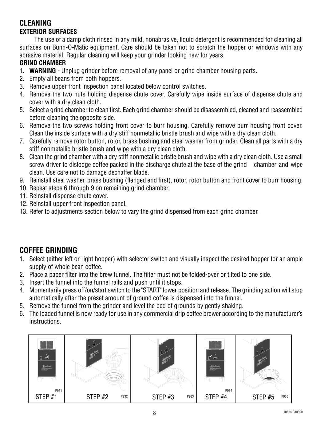 Bunn WDG-2 manual Cleaning, Coffee Grinding 