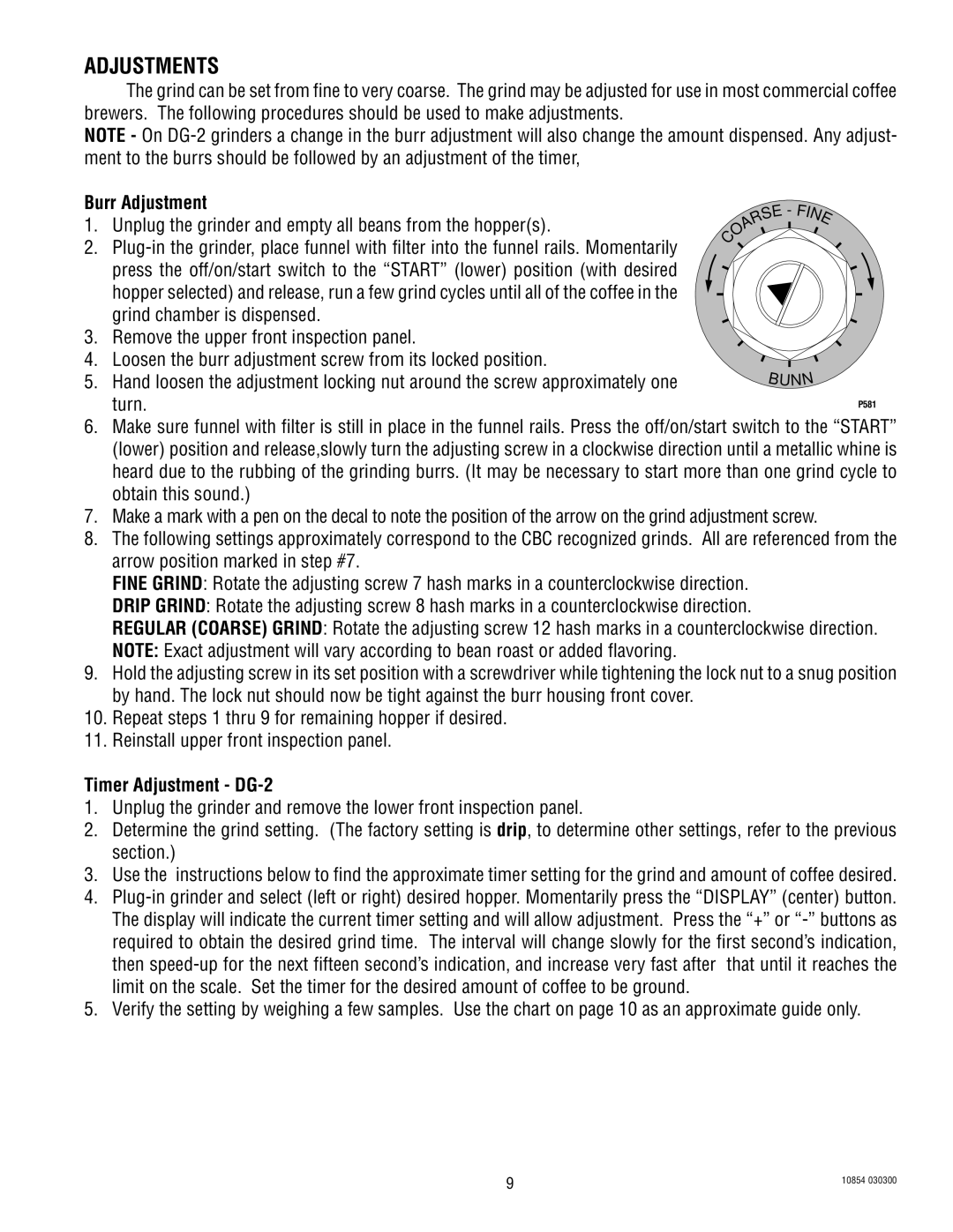 Bunn WDG-2 manual Adjustments, Burr Adjustment, Timer Adjustment DG-2 