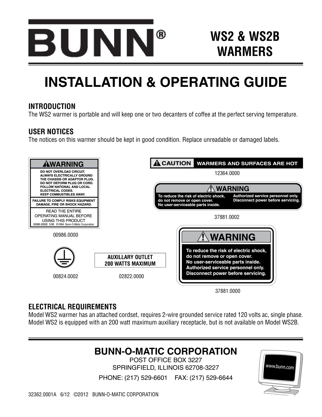 Bunn WS2 manual Installation & Operating Guide, BUNN-O-MATIC Corporation, Introduction, User Notices 