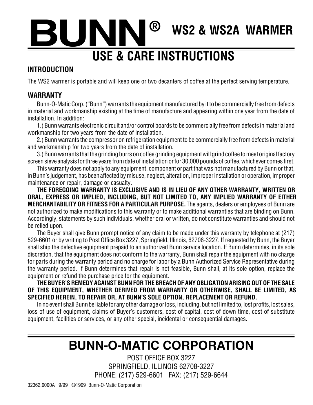 Bunn warranty Bunn WS2 & WS2A Warmer USE & Care Instructions, BUNN-O-MATIC Corporation, Introduction, Warranty 