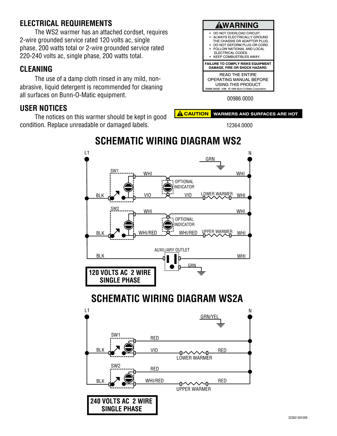 Bunn warranty Schematic Wiring Diagram WS2A, Electrical Requirements, Cleaning, User Notices 