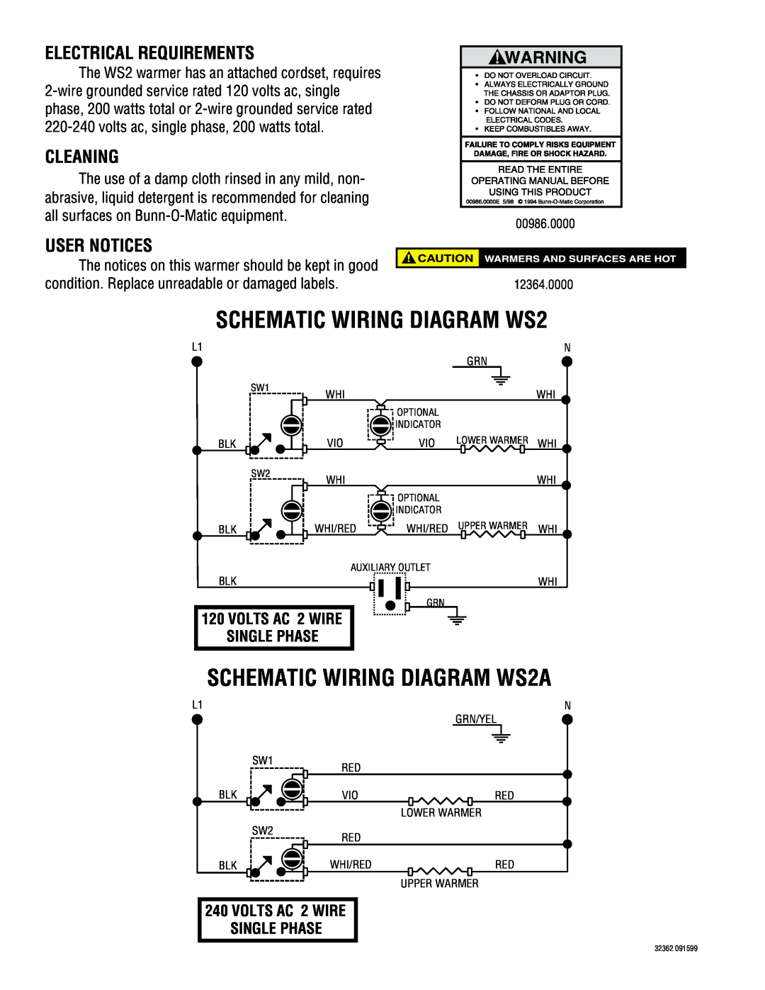 Bunn Electrical Requirements, Cleaning, User Notices, SCHEMATIC WIRING DIAGRAM WS2A, VOLTS AC 2 WIRE SINGLE PHASE 