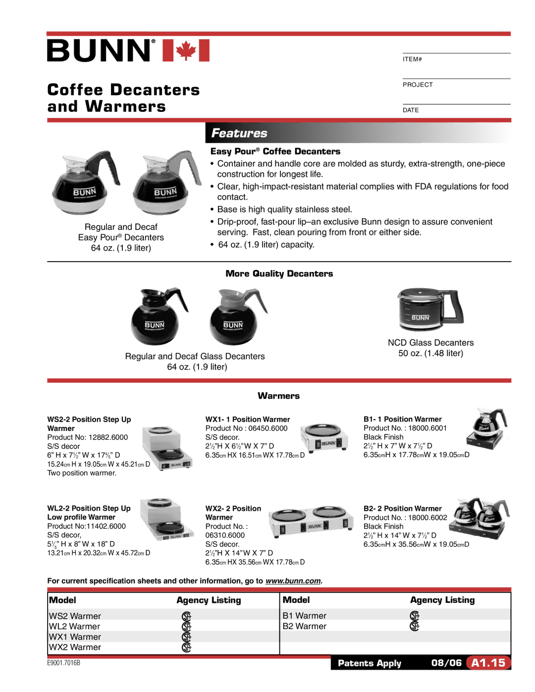 Bunn WX2, WX1, WS2, WL2, B1, B2 specifications Coffee Decanters and Warmers, Features 