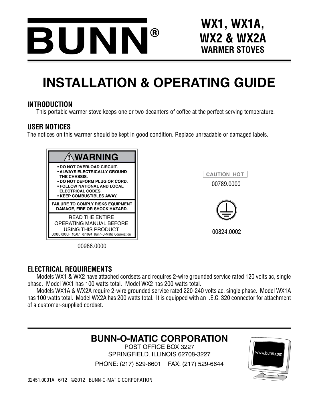 Bunn WX1 manual Introduction, User Notices, Electrical Requirements, 00986.0000 00789.0000 00824.0002 