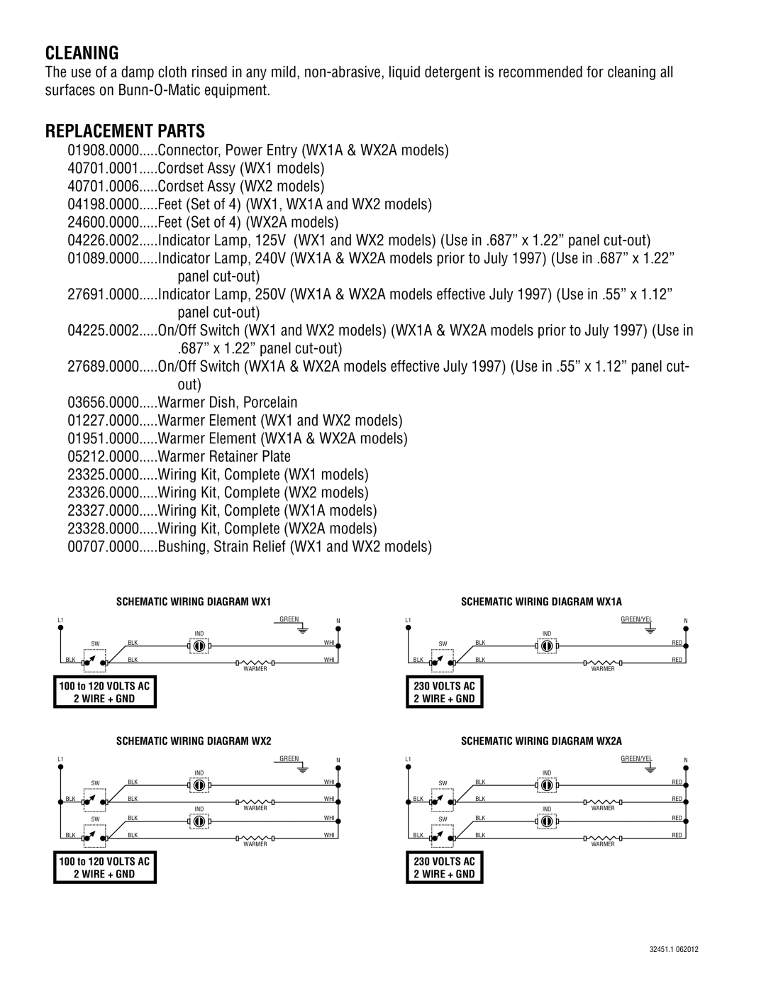 Bunn WX1 manual Cleaning, Replacement Parts 