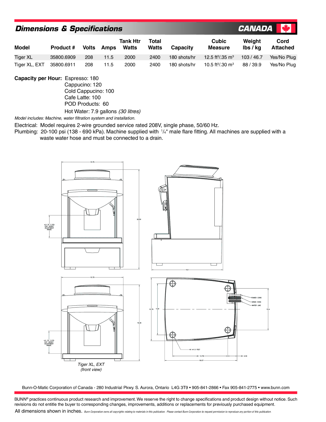 Bunn XL EXT specifications Canada, Tank Htr, Capacity per Hour Espresso, Tiger XL, EXT Front view 