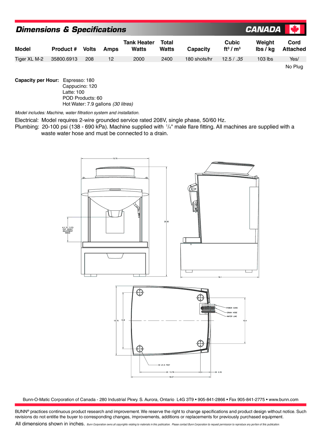 Bunn XL M-2 EXT specifications Canada, Total Cubic, Cord 