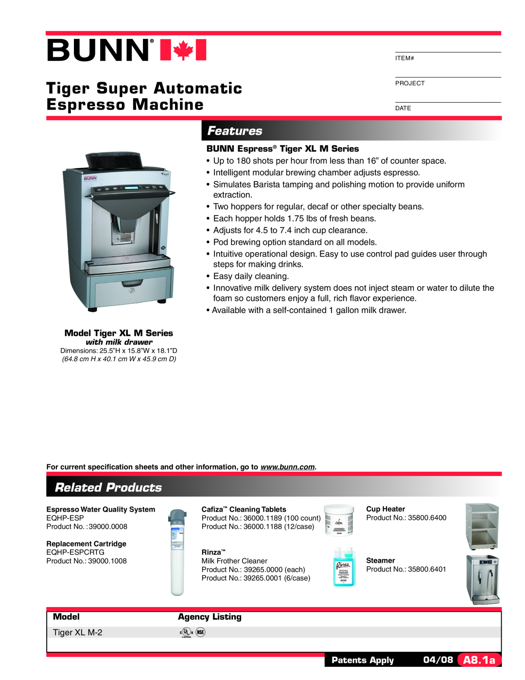 Bunn XL M-2 EXT specifications Features, Related Products, Tiger Super Automatic Espresso Machine, Model Tiger XL M Series 