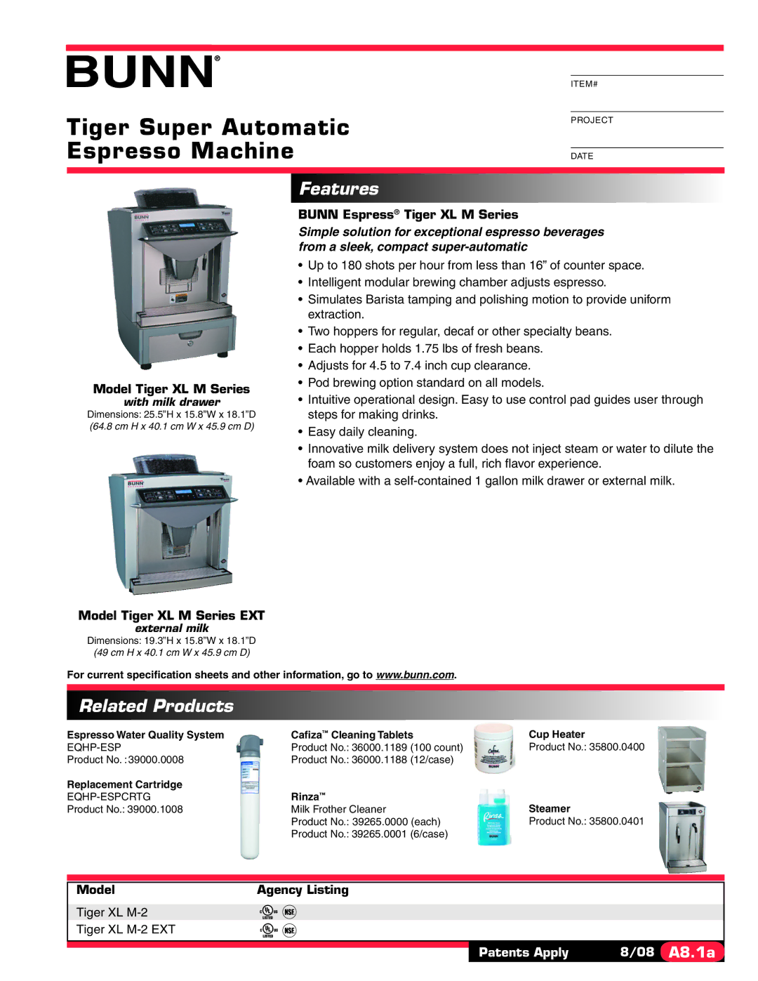 Bunn XL M-2 specifications Tiger Super Automatic Espresso Machine, Features, Related Products 