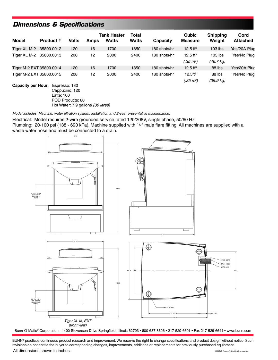 Bunn XL M-2 specifications Dimensions & Specifications, Attached, Tank Heater Total, Weight, Capacity per Hour Espresso 