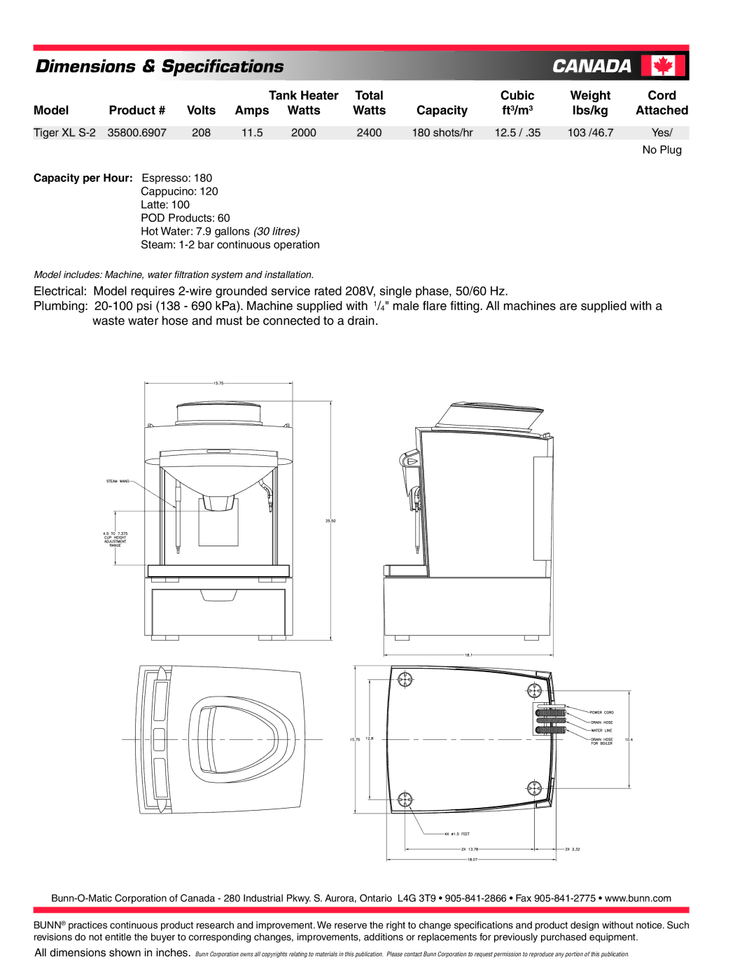 Bunn XL S-2 specifications Canada, Cubic, Cord 