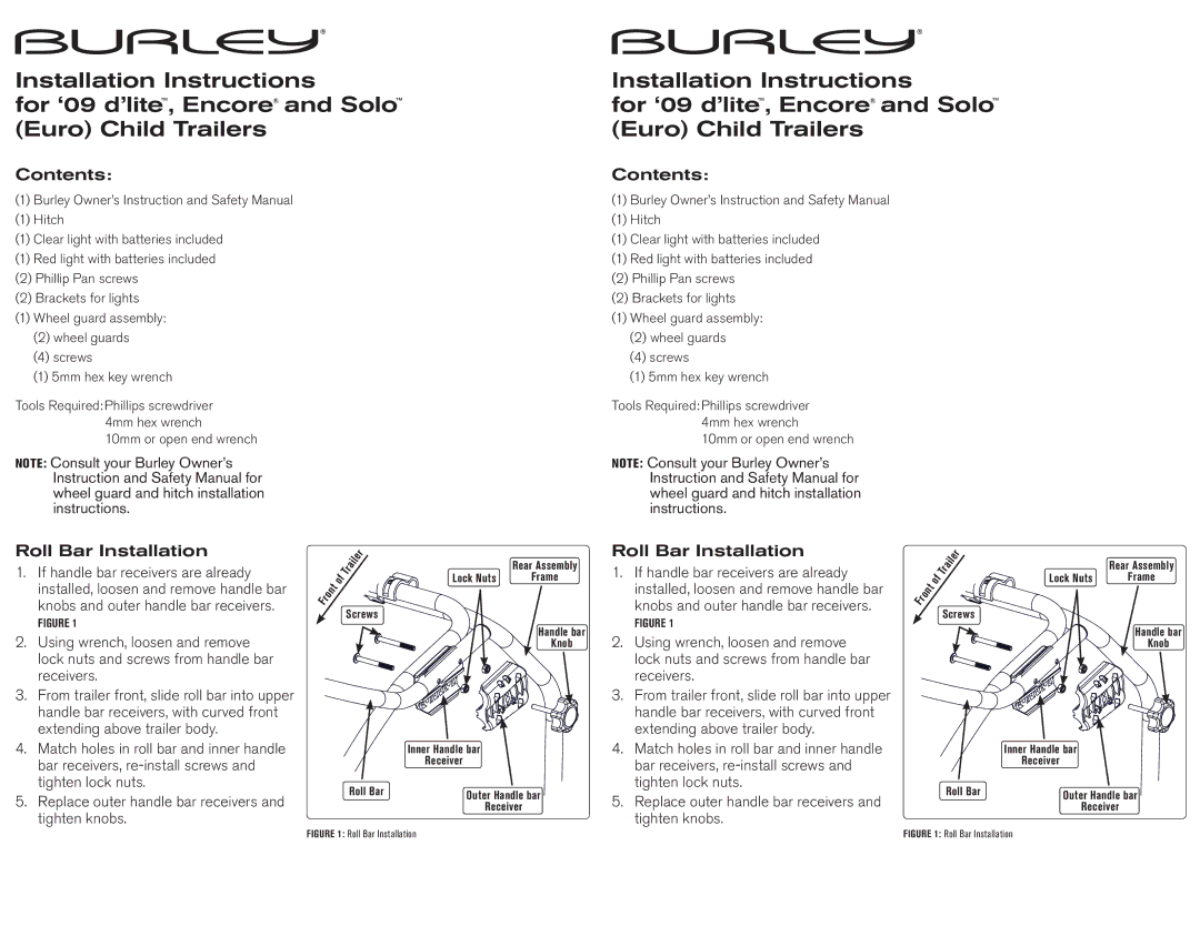 Burley 09 Encore, 09 d'lite, 09 Solo installation instructions Contents, Roll Bar Installation 