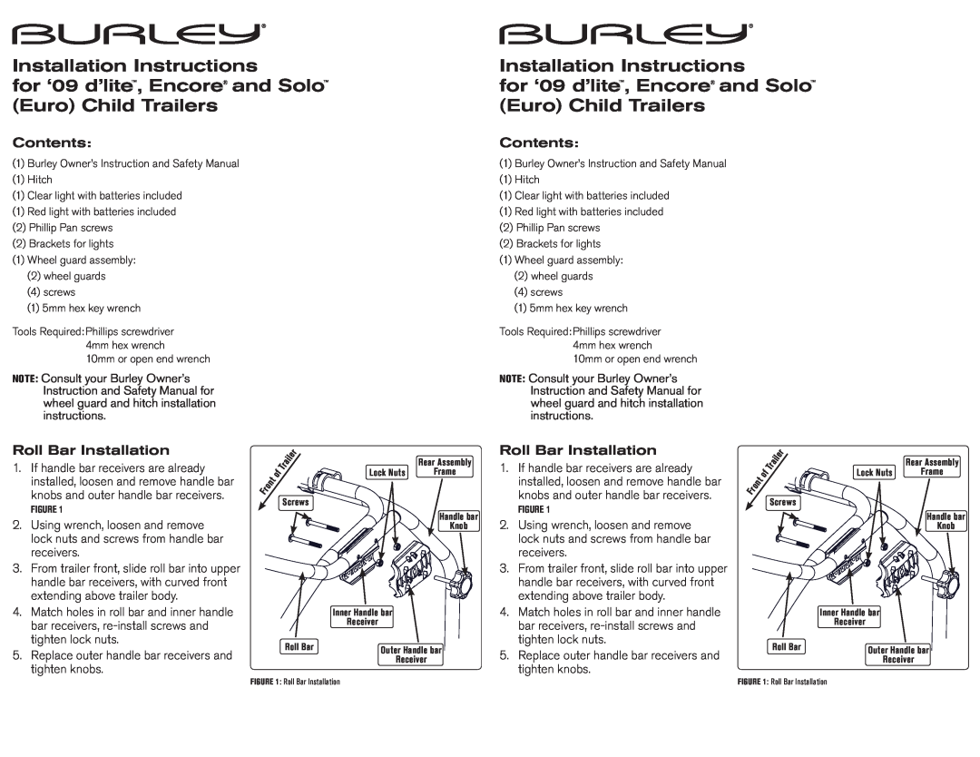 Burley 09 Encore, 09 d'lite, 09 Solo installation instructions Contents, Roll Bar Installation, Installation Instructions 