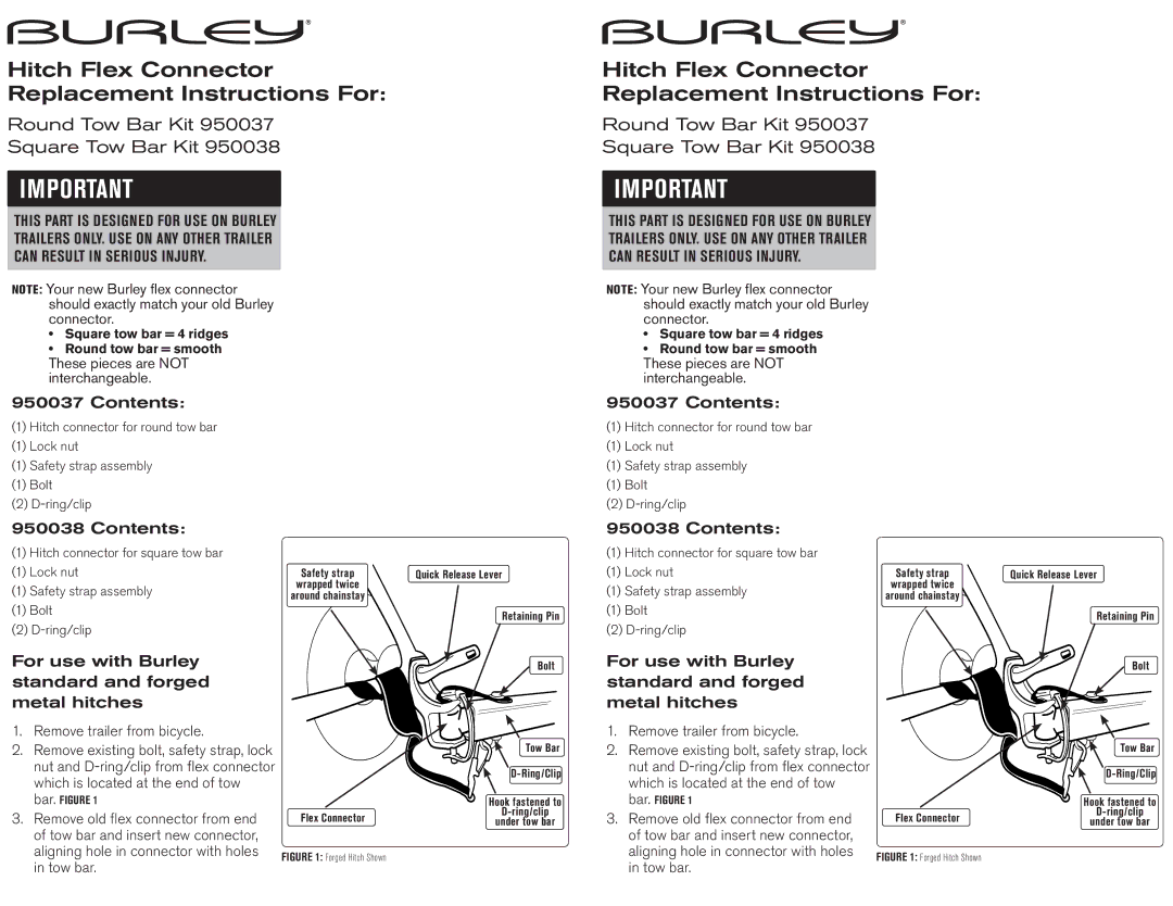 Burley 950037 manual Contents, For use with Burley standard and forged metal hitches, These pieces are not interchangeable 