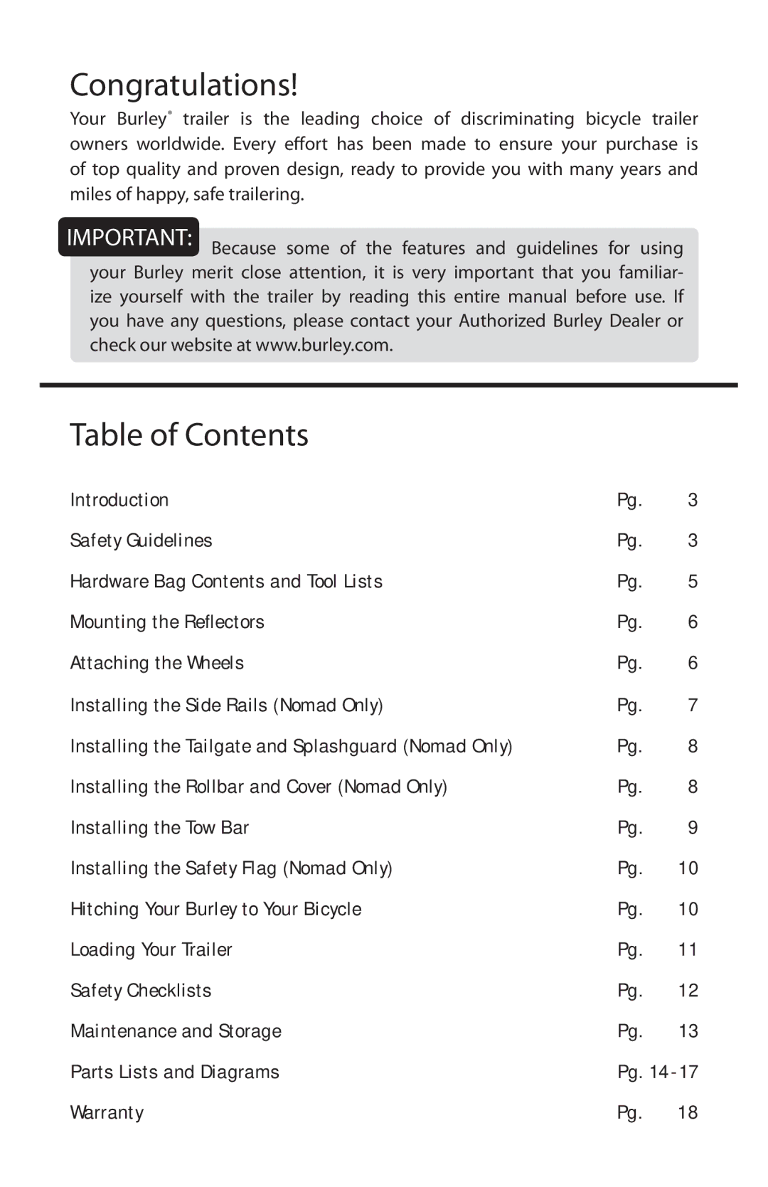 Burley AQ 6688 manual Congratulations, Table of Contents 