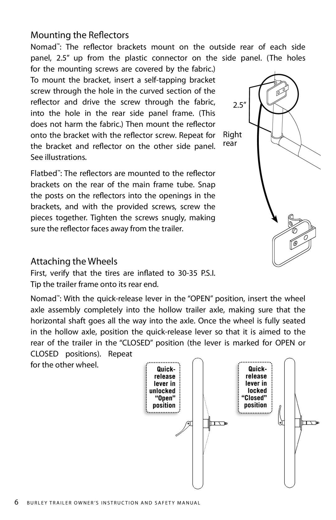 Burley AQ 6688 manual Mounting the Reflectors, Attaching the Wheels 