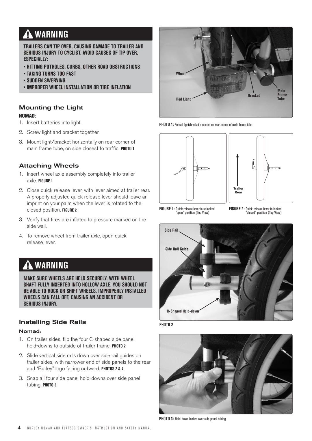 Burley CargoD manual Mounting the Light, Attaching Wheels, Installing Side Rails 