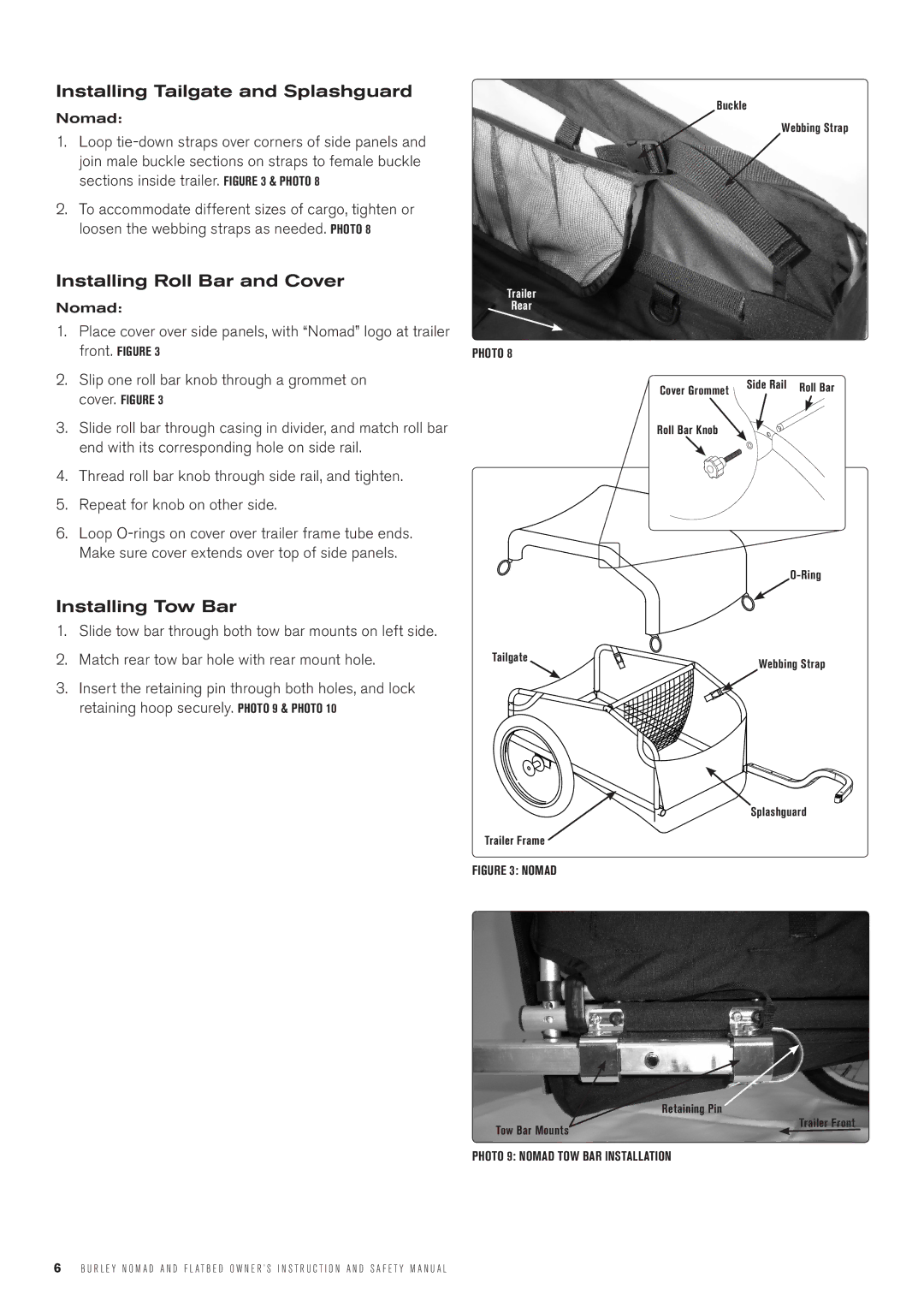 Burley CargoD manual Installing Tailgate and Splashguard, Installing Roll Bar and Cover, Installing Tow Bar 