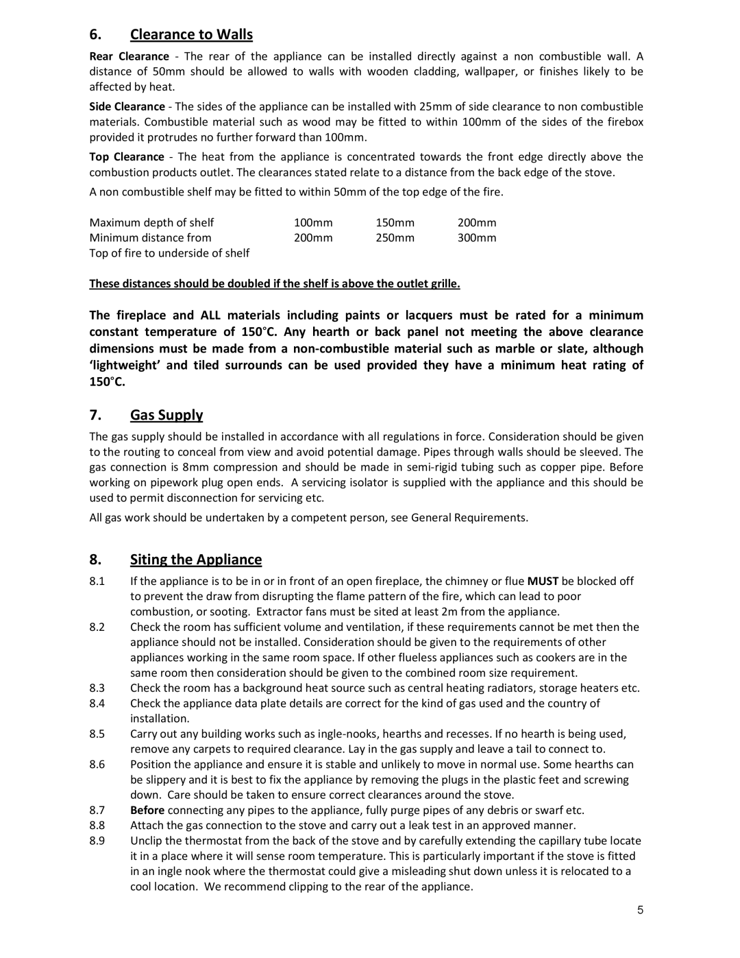 Burley G4121 mk2 warranty Clearance to Walls, Gas Supply, Siting the Appliance 