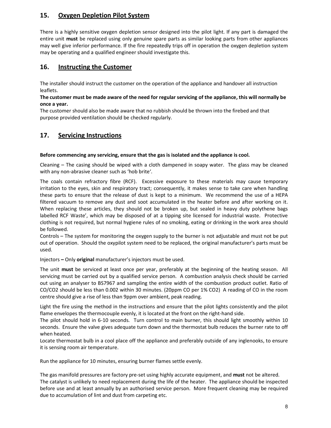 Burley G4121 mk2 warranty Oxygen Depletion Pilot System, Instructing the Customer, Servicing Instructions 