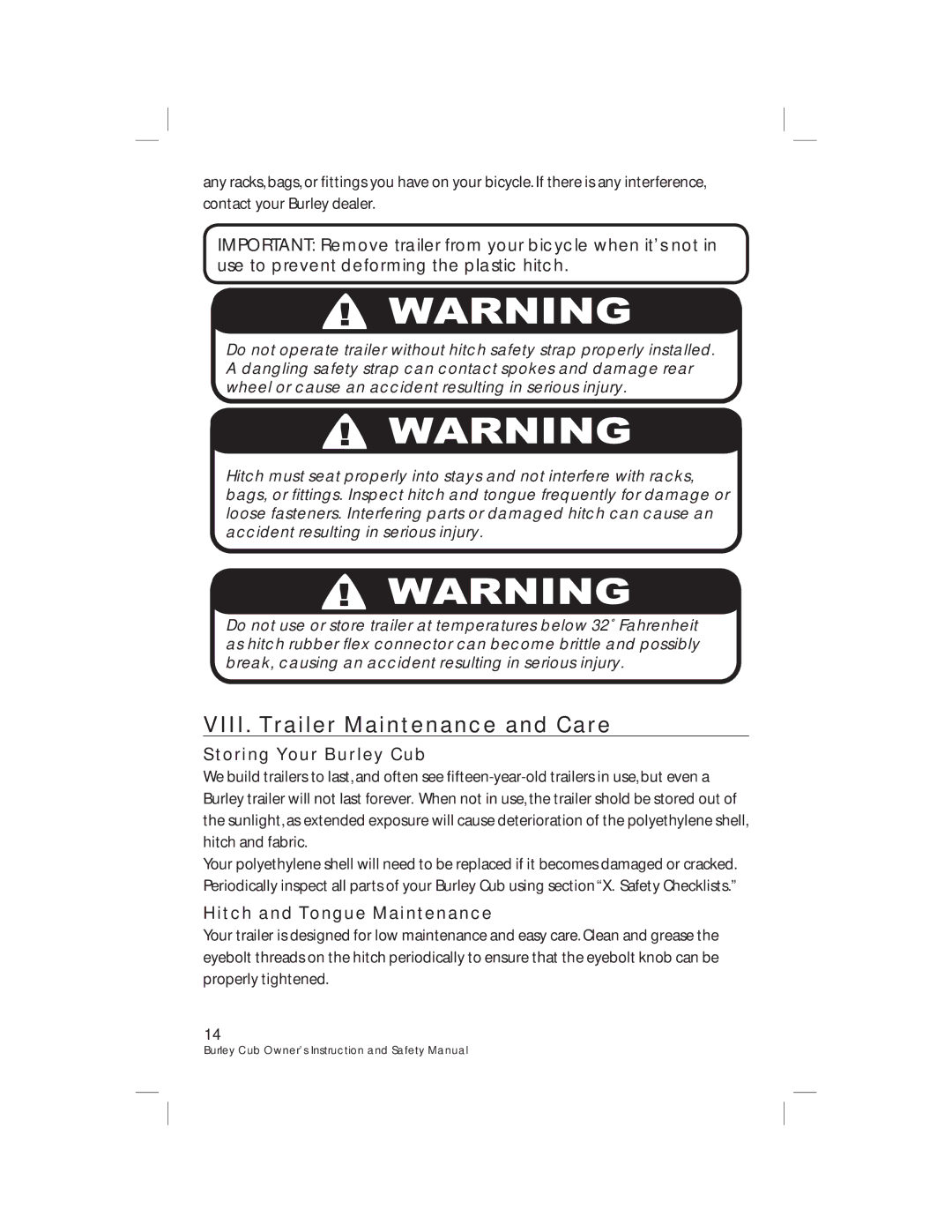 Burley HD 4485/86/87 warranty VIII. Trailer Maintenance and Care, Storing Your Burley Cub, Hitch and Tongue Maintenance 