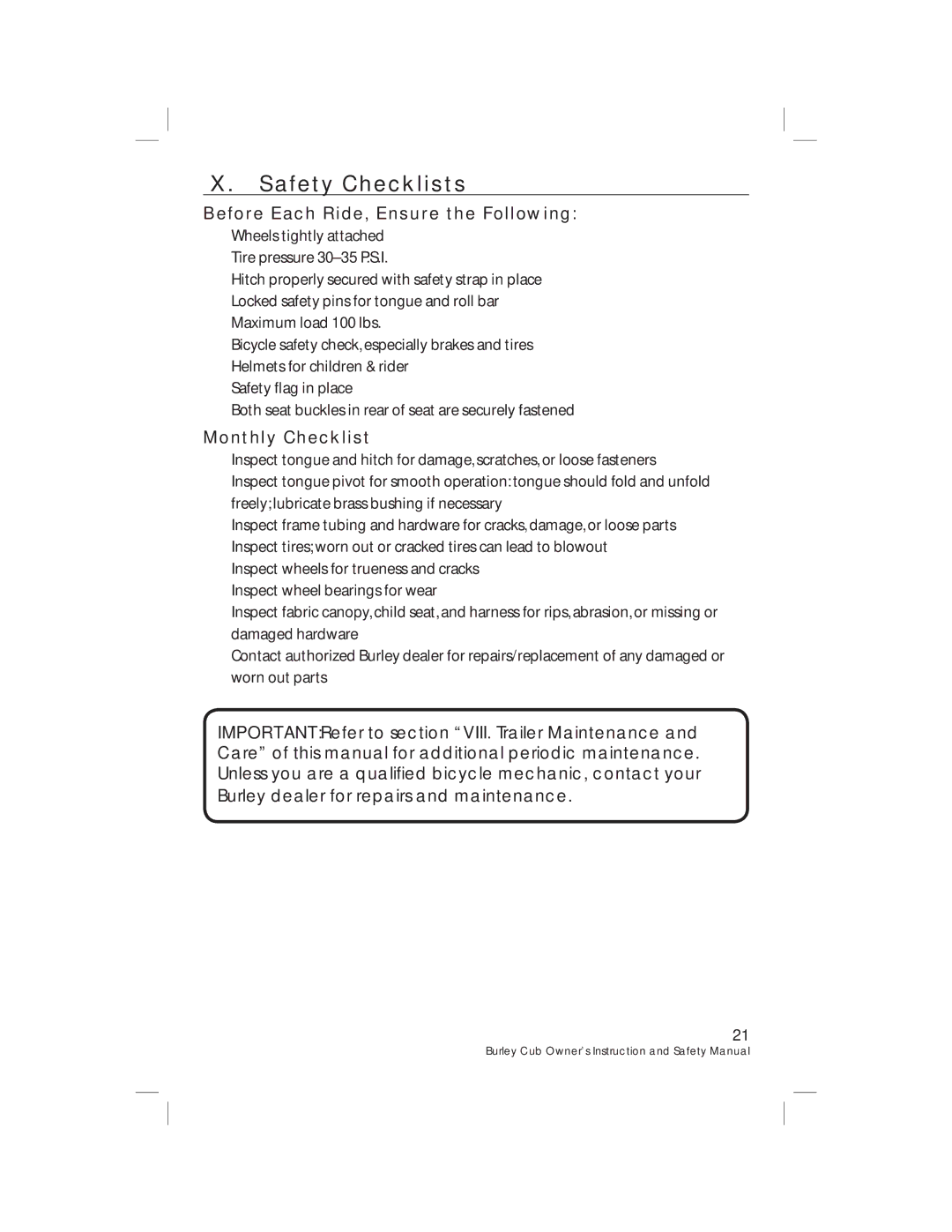 Burley HD 4435/36/37, HD 4485/86/87 warranty Safety Checklists, Before Each Ride, Ensure the Following, Monthly Checklist 