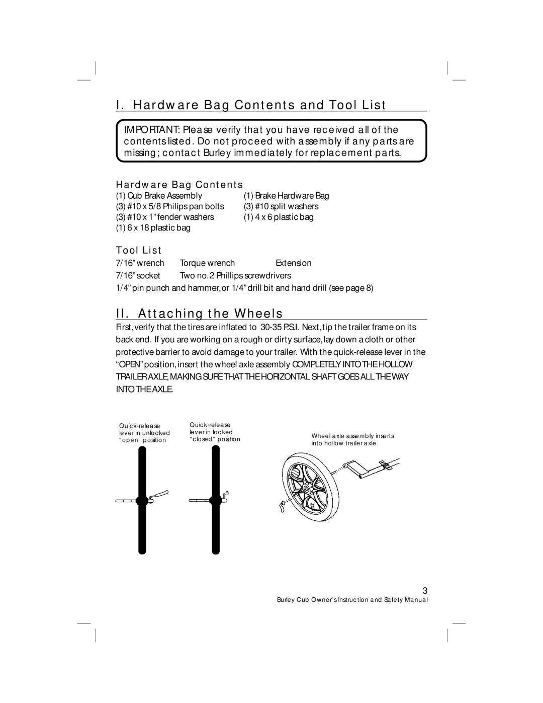 Burley HD 4435/36/37, HD 4485/86/87 warranty Hardware Bag Contents and Tool List, II. Attaching the Wheels 