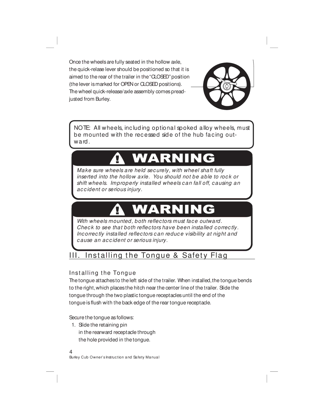 Burley HD 4485/86/87, HD 4435/36/37 warranty III. Installing the Tongue & Safety Flag 