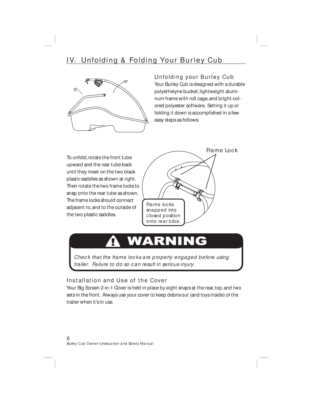 Burley HD 4485/86/87 IV. Unfolding & Folding Your Burley Cub, Unfolding your Burley Cub, Installation and Use of the Cover 