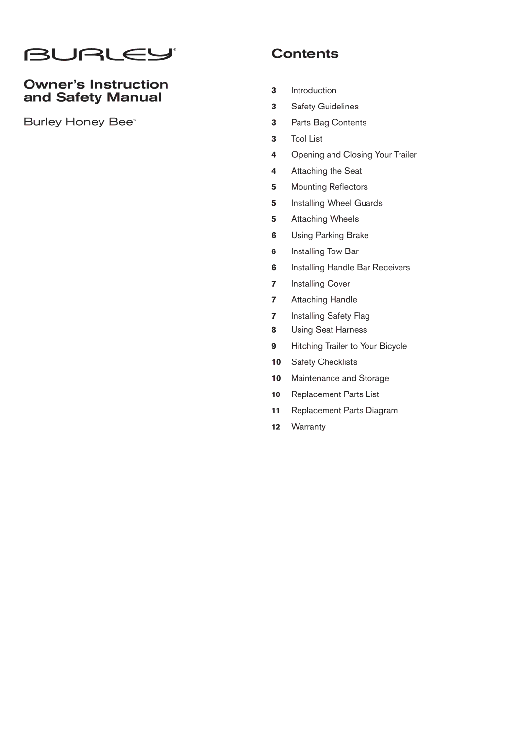 Burley Honey Bee manual Owner’s Instruction and Safety Manual 