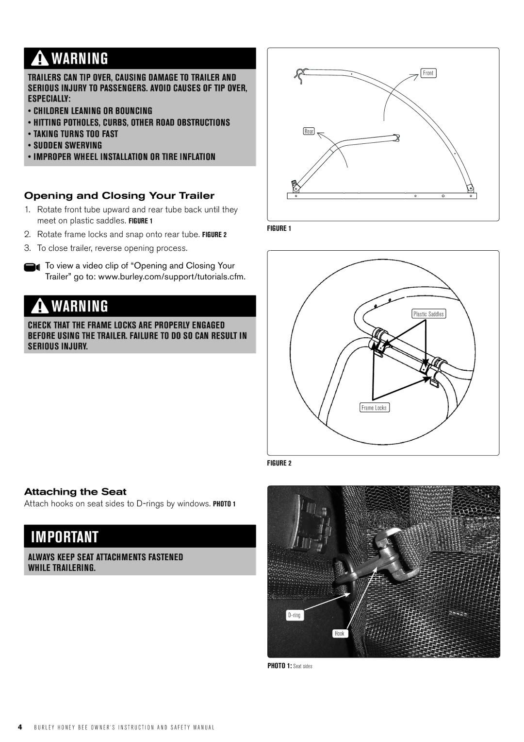 Burley Honey Bee manual Opening and Closing Your Trailer, Attaching the Seat 