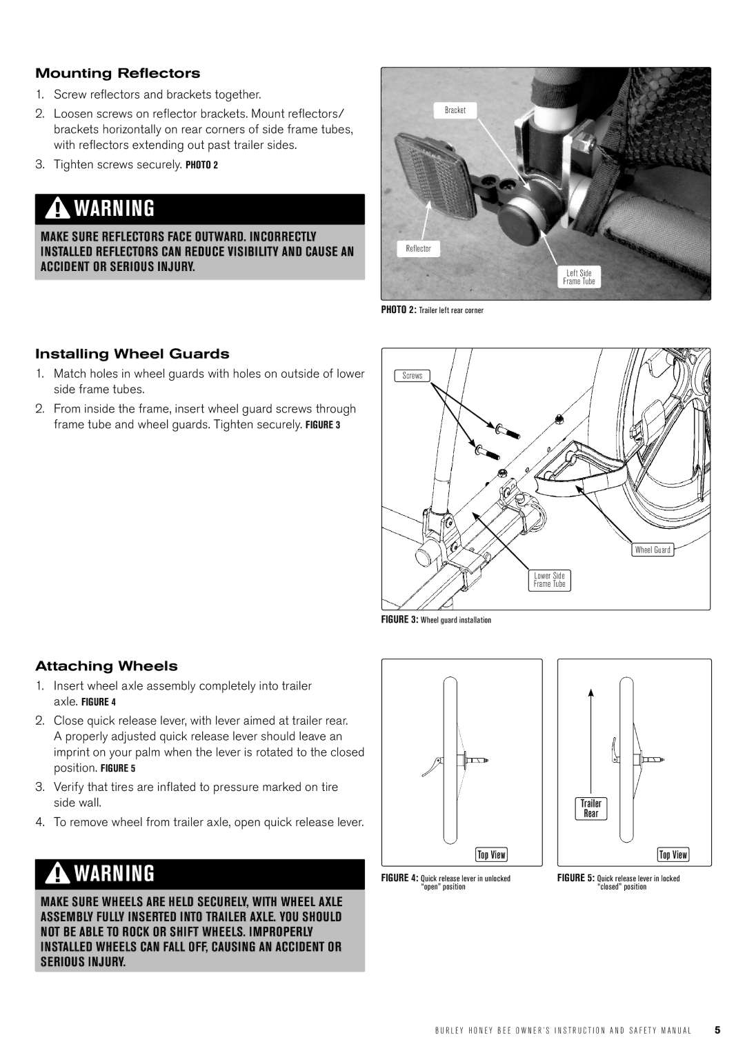 Burley Honey Bee manual Mounting Reflectors, Installing Wheel Guards, Attaching Wheels 