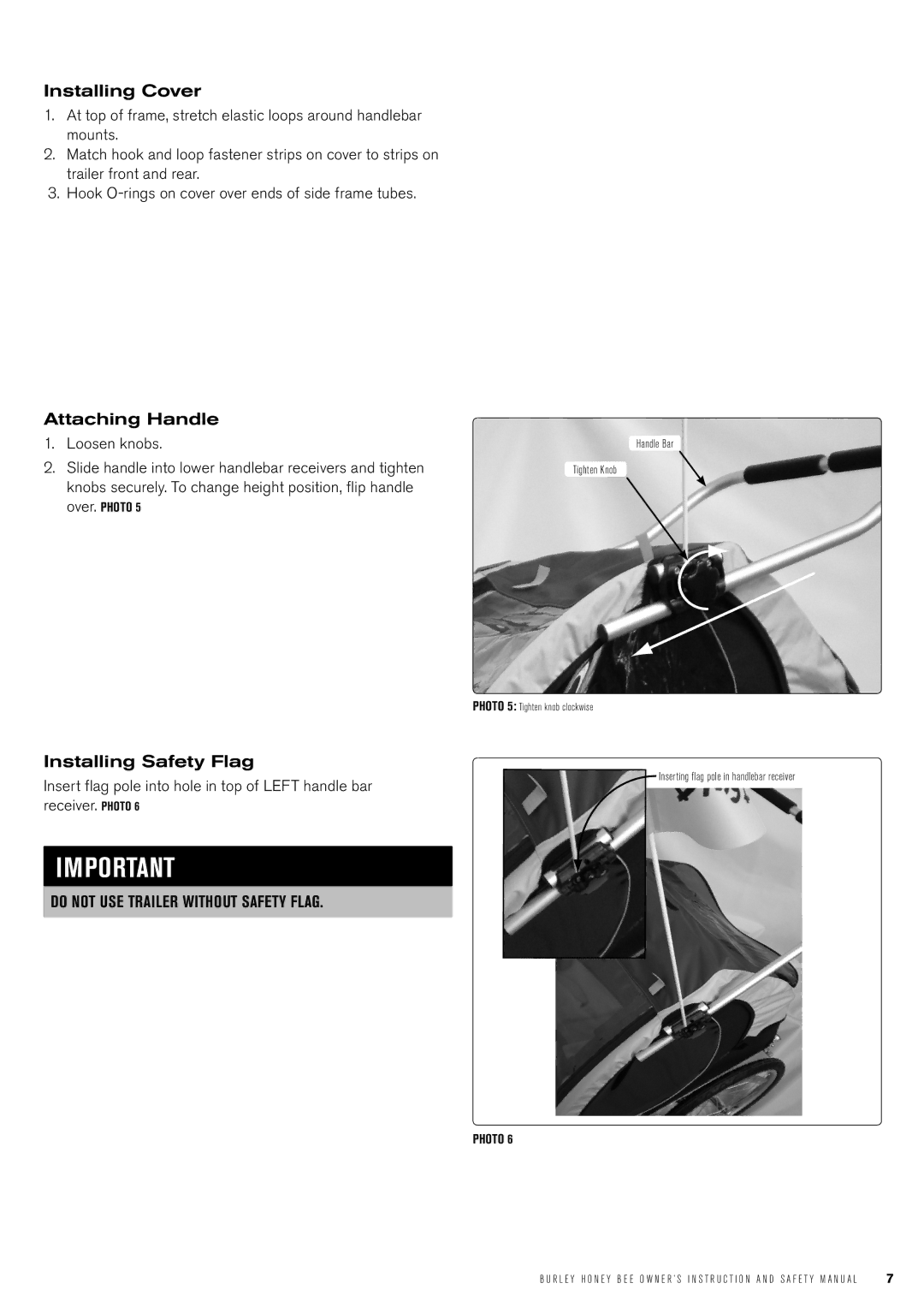 Burley Honey Bee manual Installing Cover, Attaching Handle, Installing Safety Flag 