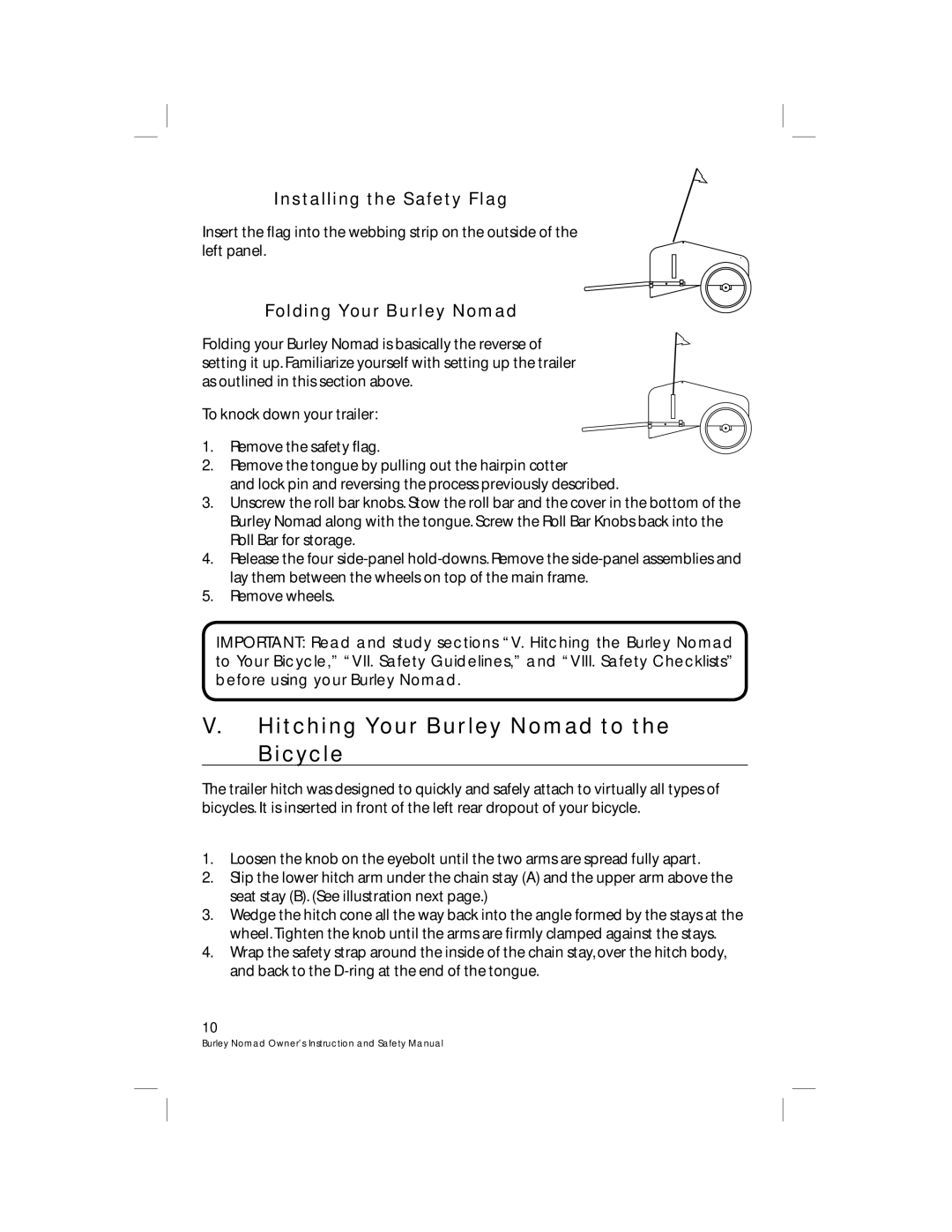 Burley HP 4489 warranty Hitching Your Burley Nomad to the Bicycle, Installing the Safety Flag, Folding Your Burley Nomad 