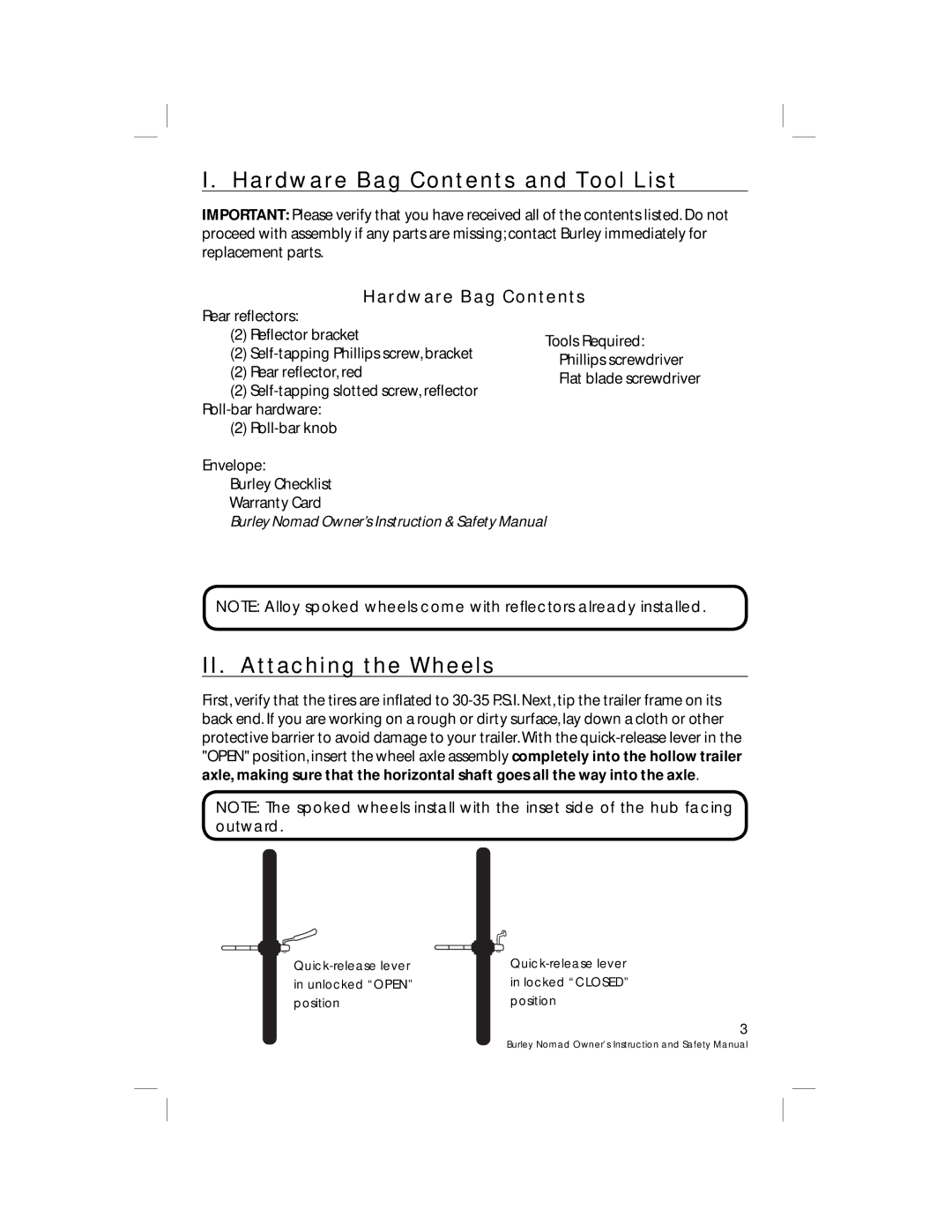 Burley HP 4489 warranty Hardware Bag Contents and Tool List, II. Attaching the Wheels 