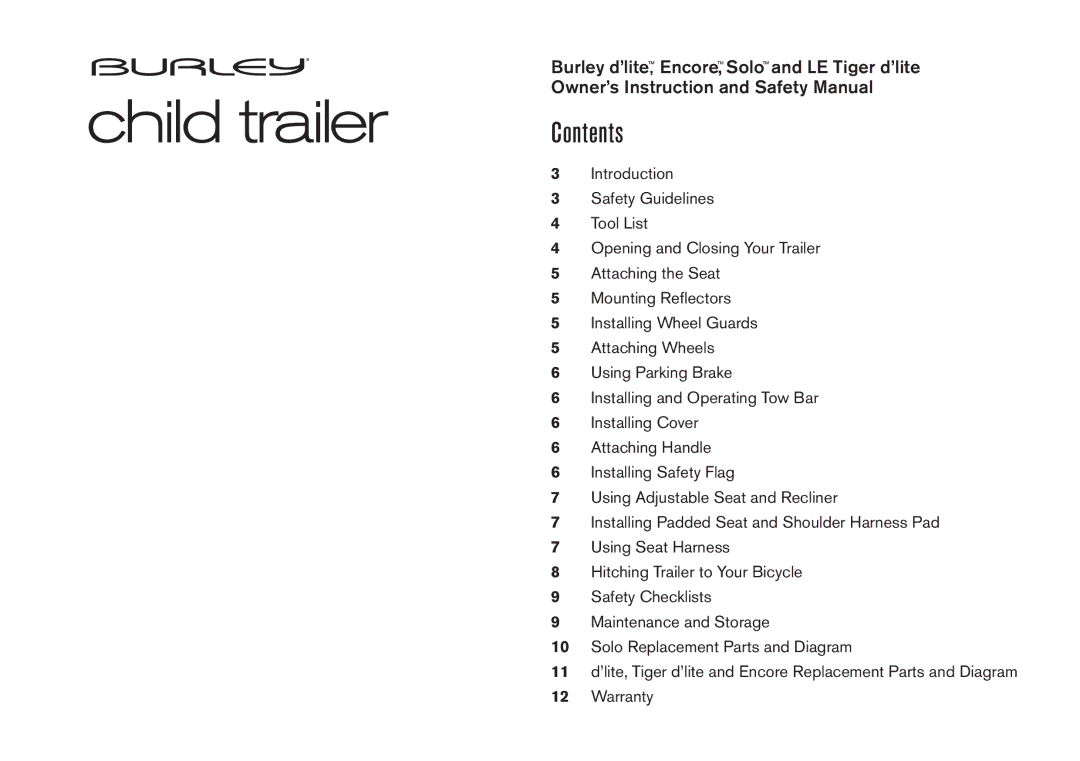 Burley LE Tiger d'lite manual Child trailer, Contents 