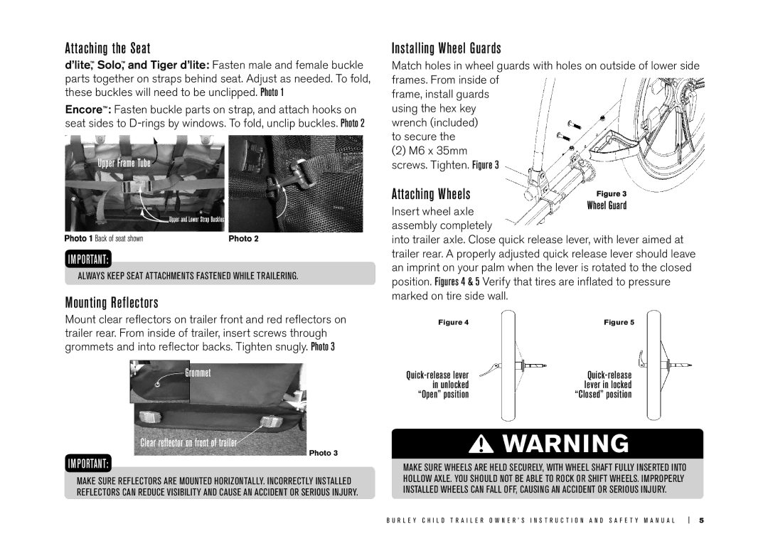 Burley LE Tiger d'lite manual Attaching the Seat, Mounting Reflectors, Installing Wheel Guards, Attaching Wheels 