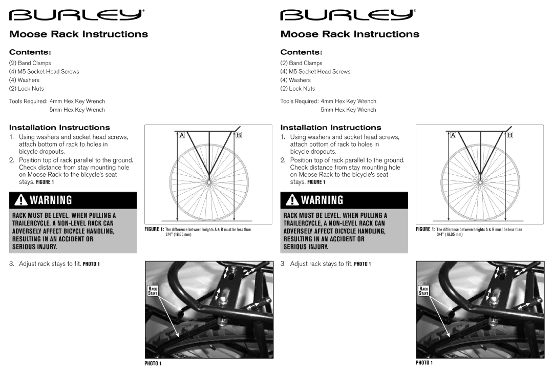 Burley installation instructions Moose Rack Instructions, Contents, Installation Instructions 