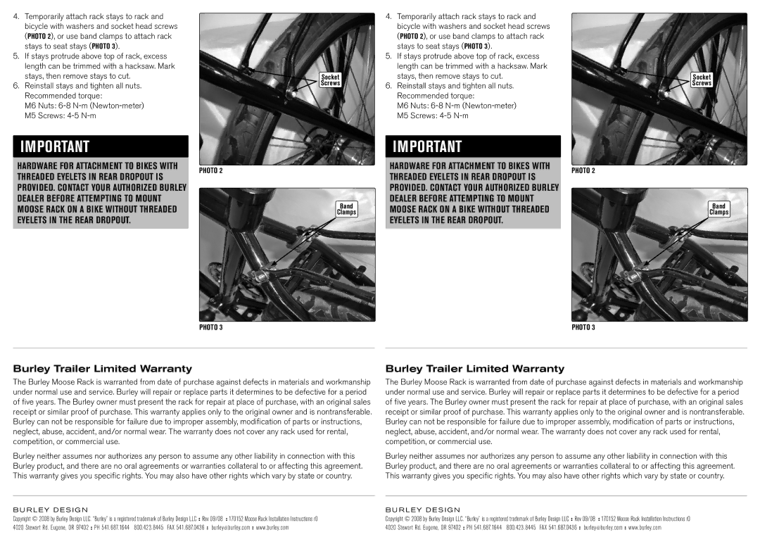 Burley Moose Rack installation instructions Burley Trailer Limited Warranty, Burley Design 