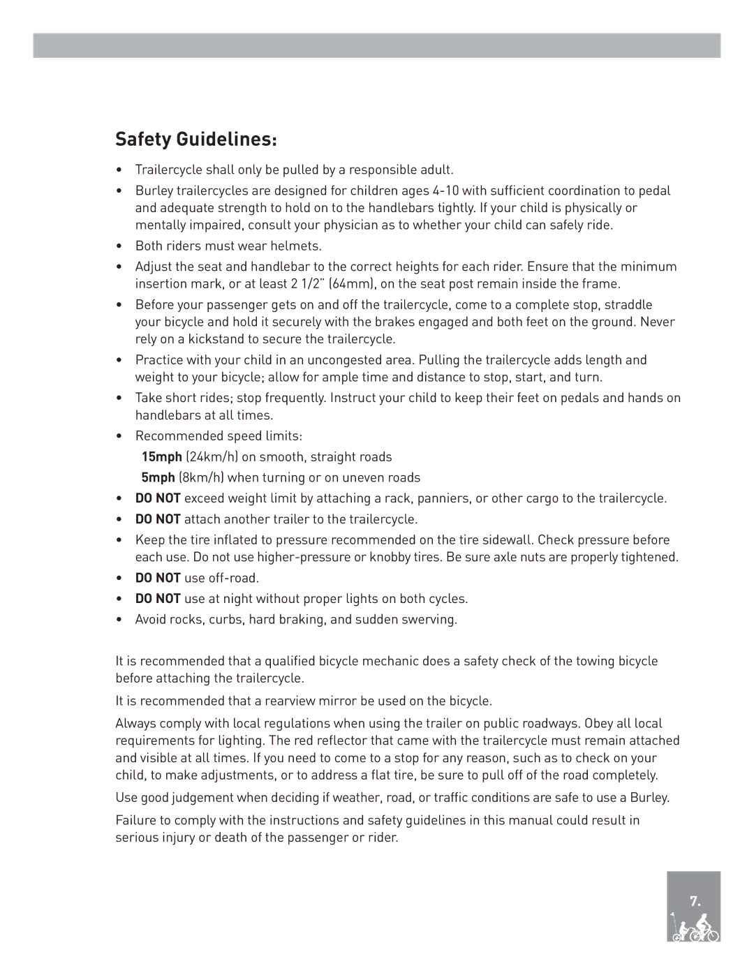 Burley Kazoo, Piccolo instruction manual Safety Guidelines 