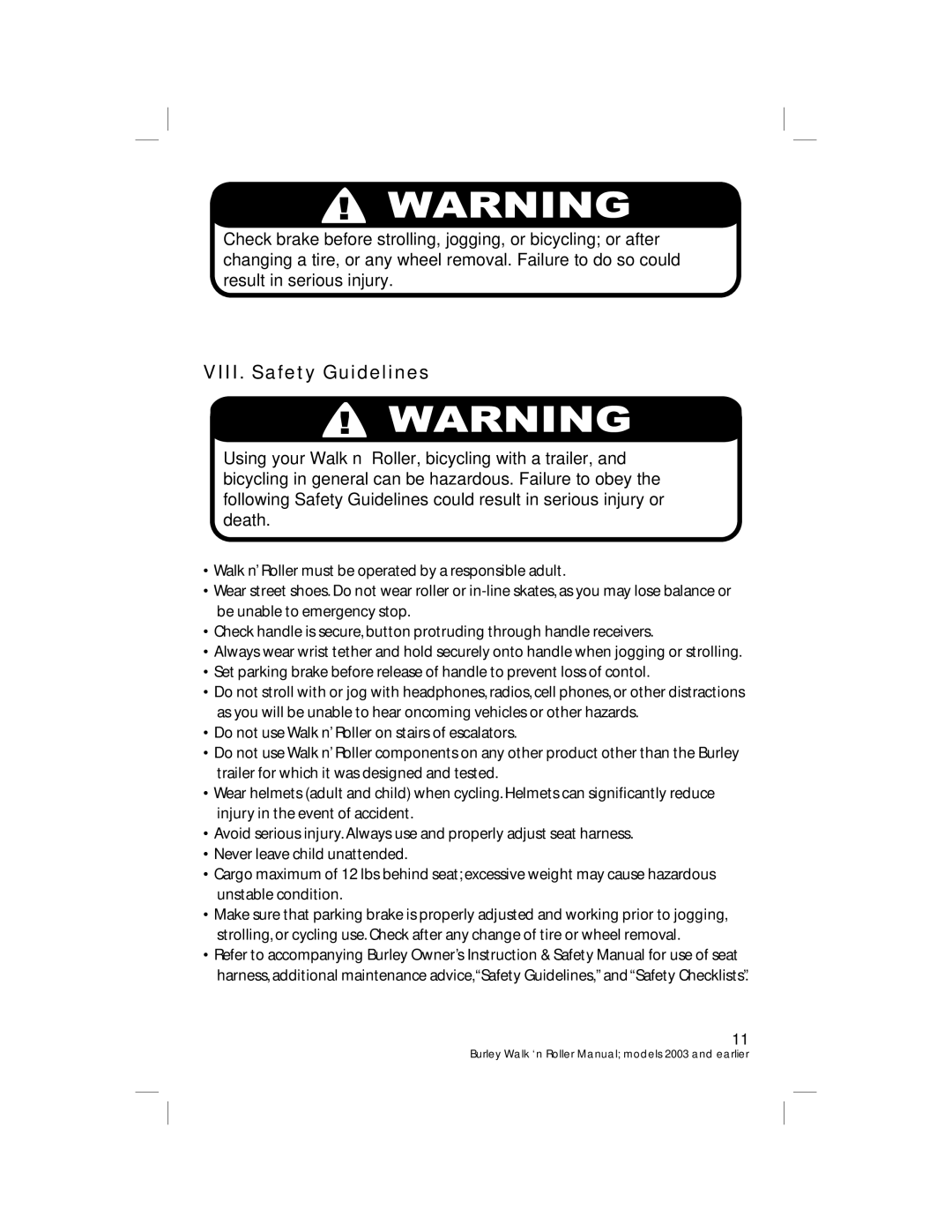 Burley PRE-2004, PRE-2005 warranty VIII. Safety Guidelines 