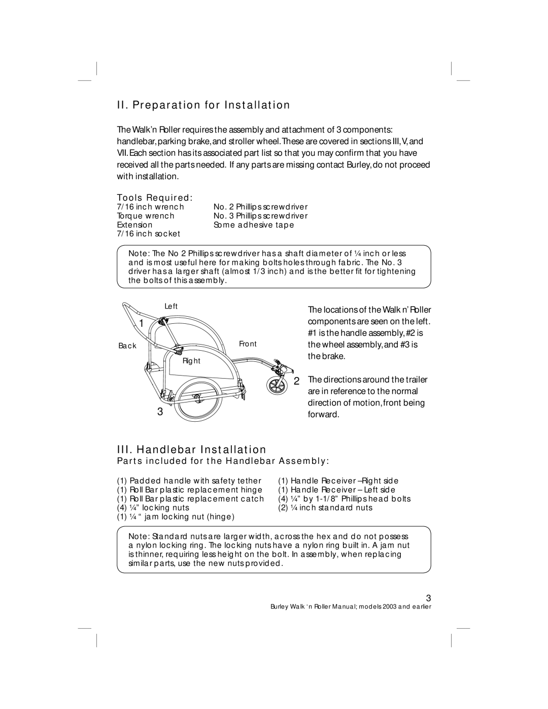 Burley PRE-2004, PRE-2005 warranty II. Preparation for Installation, III. Handlebar Installation, Tools Required 