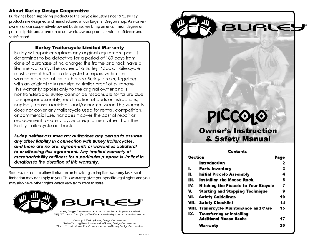 Burley SBC SC368 warranty Owner’s Instruction Safety Manual 