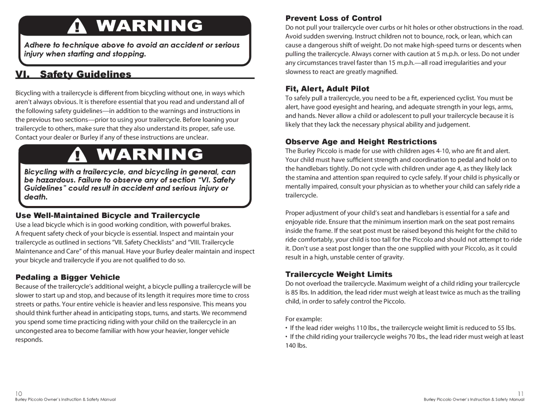 Burley SBC SC368 warranty VI. Safety Guidelines 