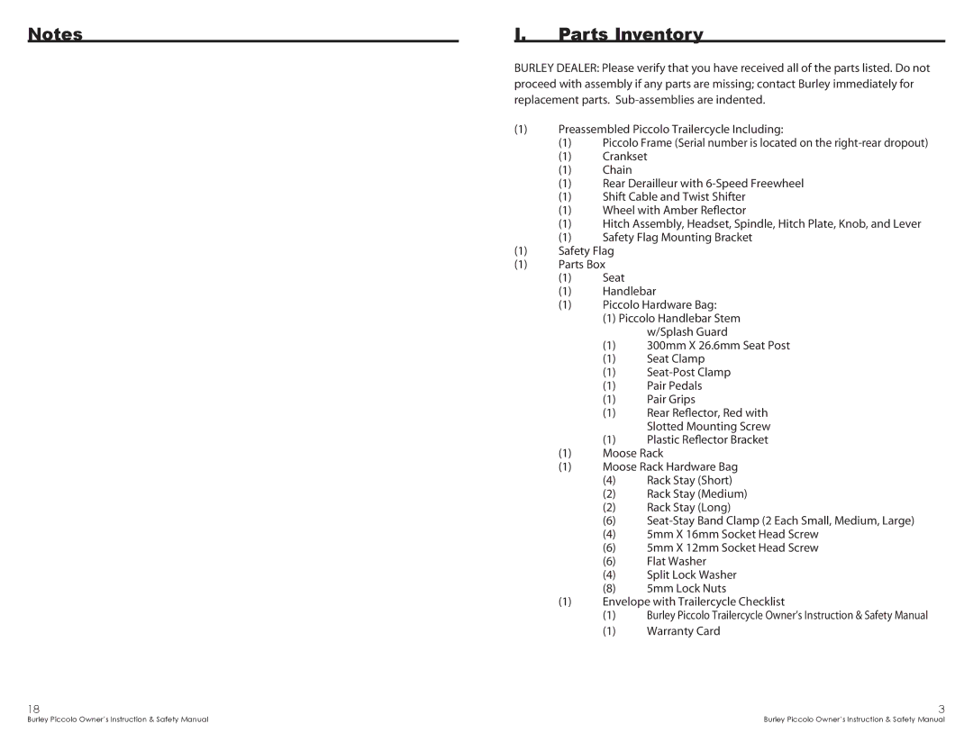 Burley SBC SC368 warranty Parts Inventory 