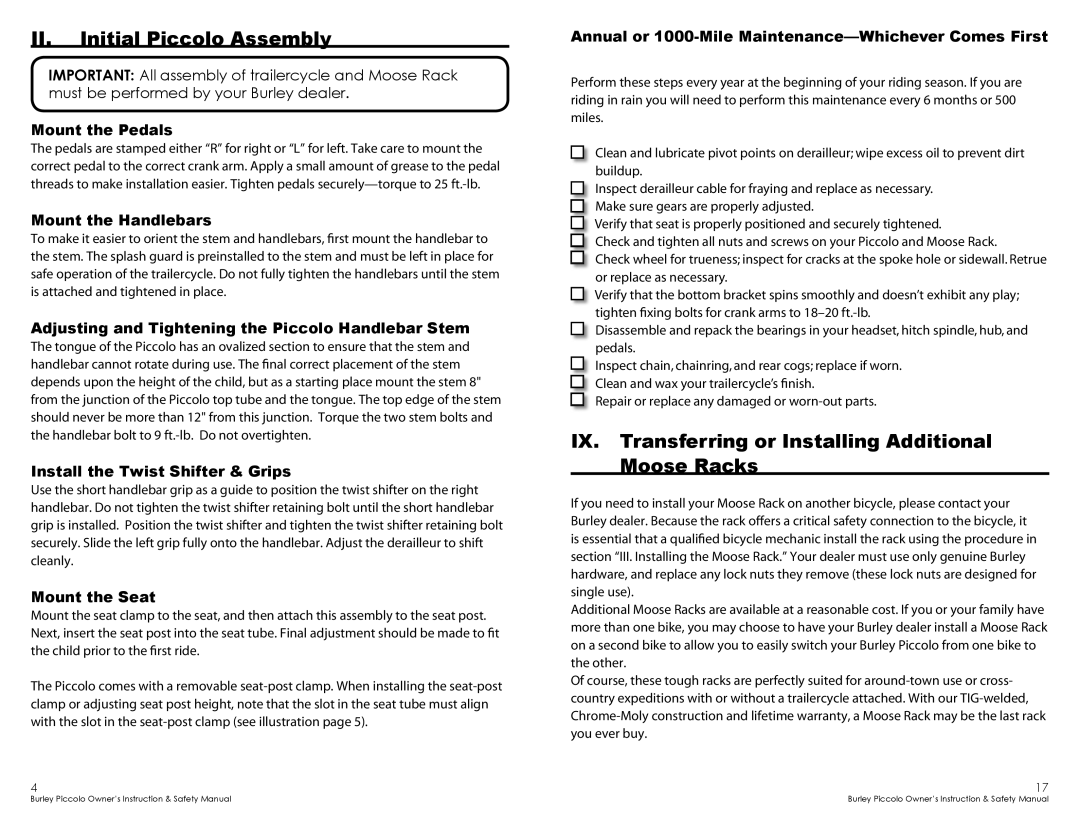 Burley SBC SC368 warranty II. Initial Piccolo Assembly, IX. Transferring or Installing Additional Moose Racks 