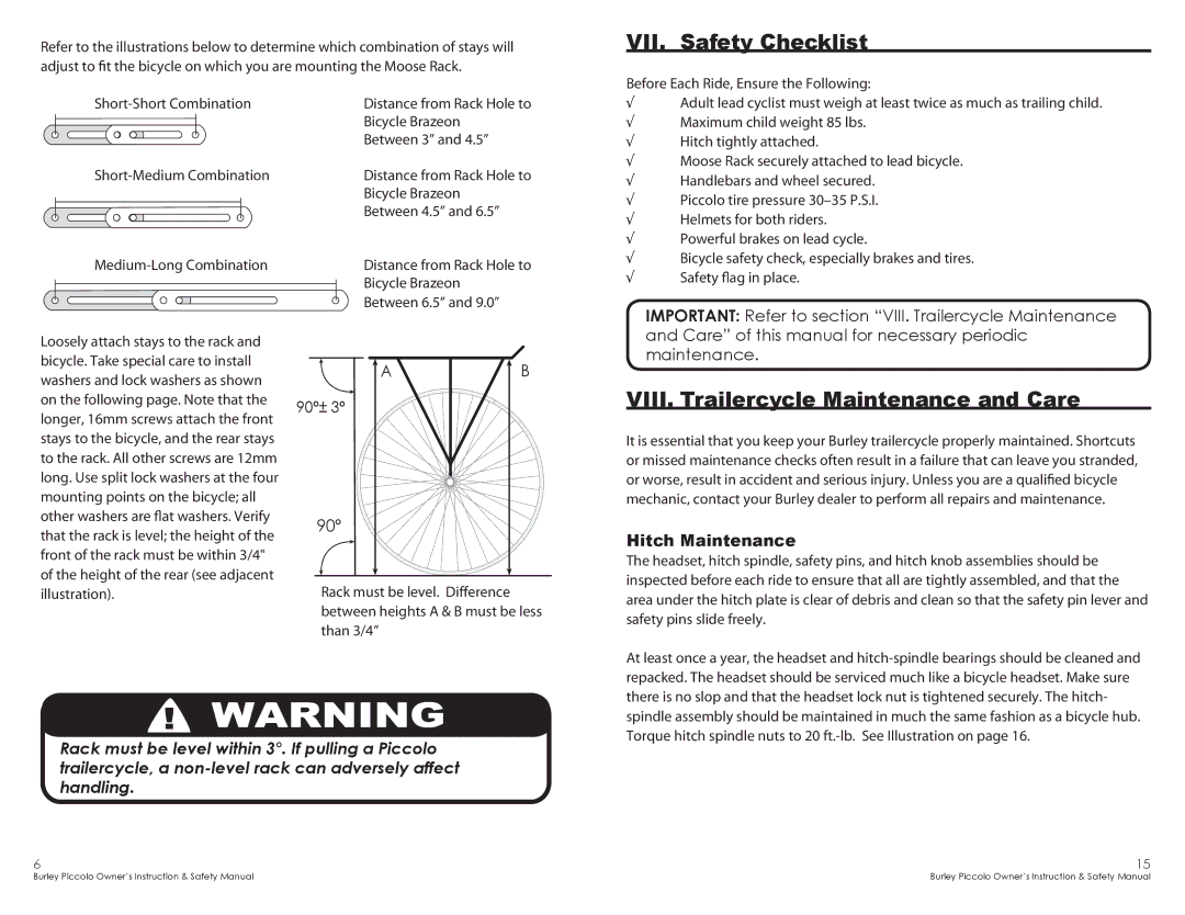 Burley SBC SC368 warranty VII. Safety Checklist, VIII. Trailercycle Maintenance and Care 