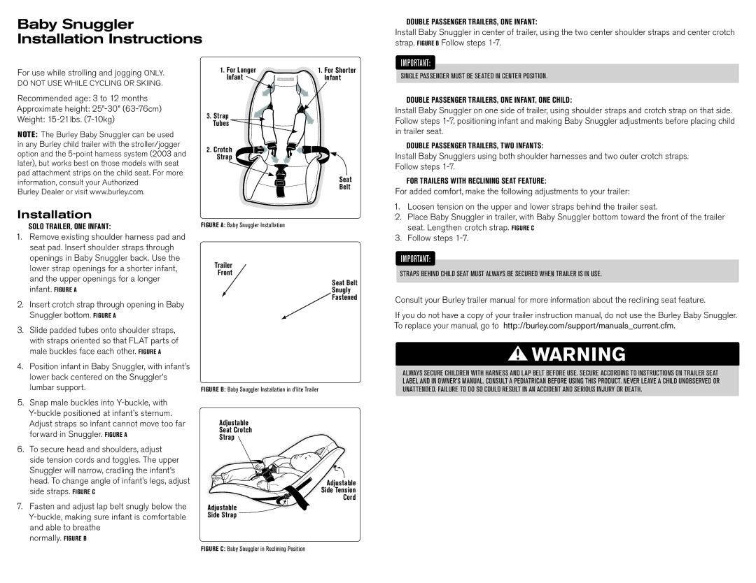 Burley SCD589 manual Baby Snuggler Installation Instructions 